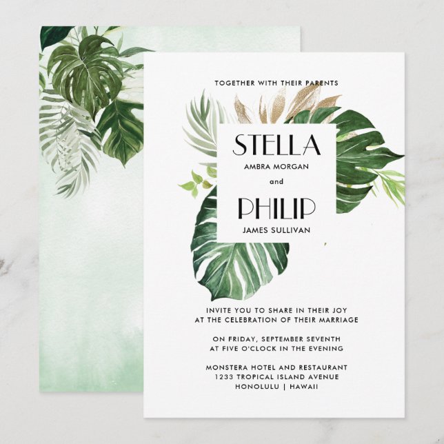 Invitación Boda geométrico de hojas tropicales de monstera si (Anverso / Reverso)