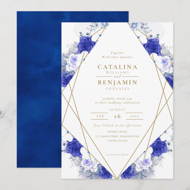 Invitación Boda geométrico de la Marina Blue Purple Gold Lett (Anverso / Reverso)