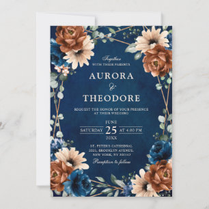 Invitación Boda geométrico de la vegetación azul de la Marina