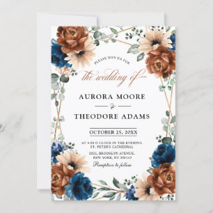 Invitación Boda geométrico de la vegetación azul de la Marina