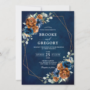 Invitación Boda geométrico de la vegetación azul de la Marina