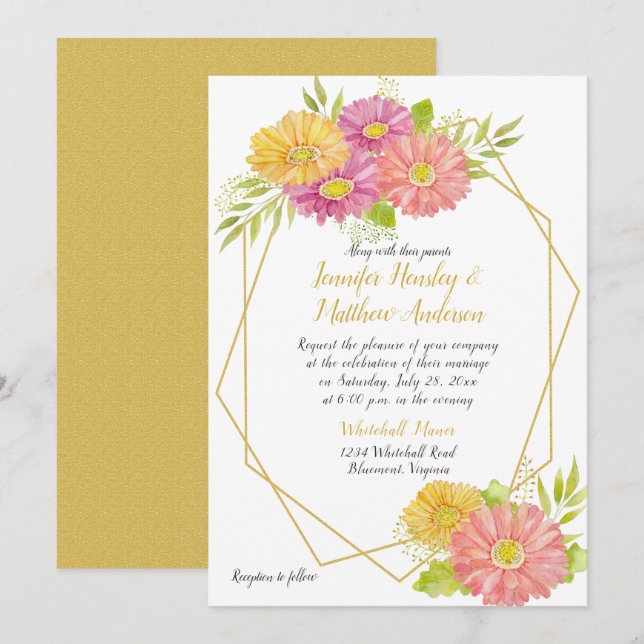 Invitación Boda geométrico de las daisies de gerbera rosa y a (Anverso / Reverso)