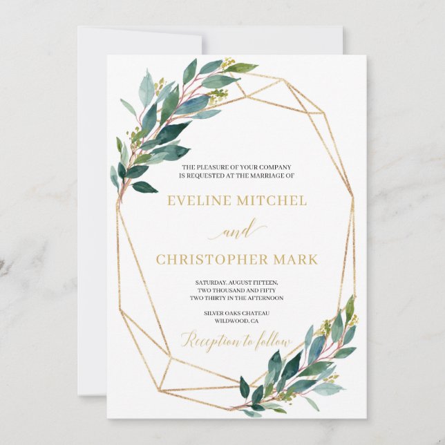 Invitación Boda geométrico de las hojas de eucalipto verde (Anverso)