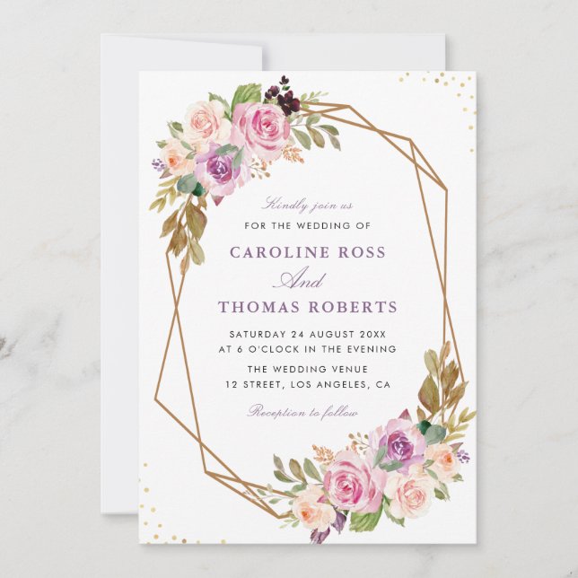 Invitación boda geométrico de lavanda púrpura y rubor (Anverso)
