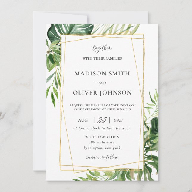 Invitación Boda Geométrico de Leafy Gold para la vegetación t (Anverso)
