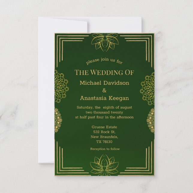 Invitación boda geométrico de lujo de oro verde moderno (Anverso)
