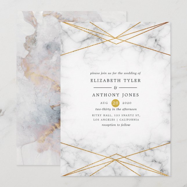 Invitación Boda geométrico de mármol de oro (Anverso / Reverso)