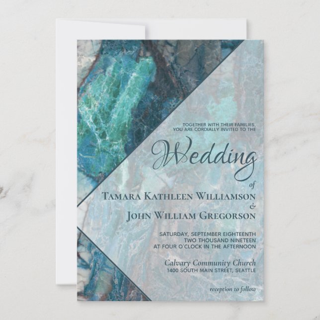 Invitación Boda geométrico de mármol Verde azulado de playa m (Anverso)