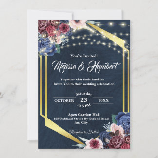 Invitación Boda geométrico de oro azul de la Marina Rusa de B