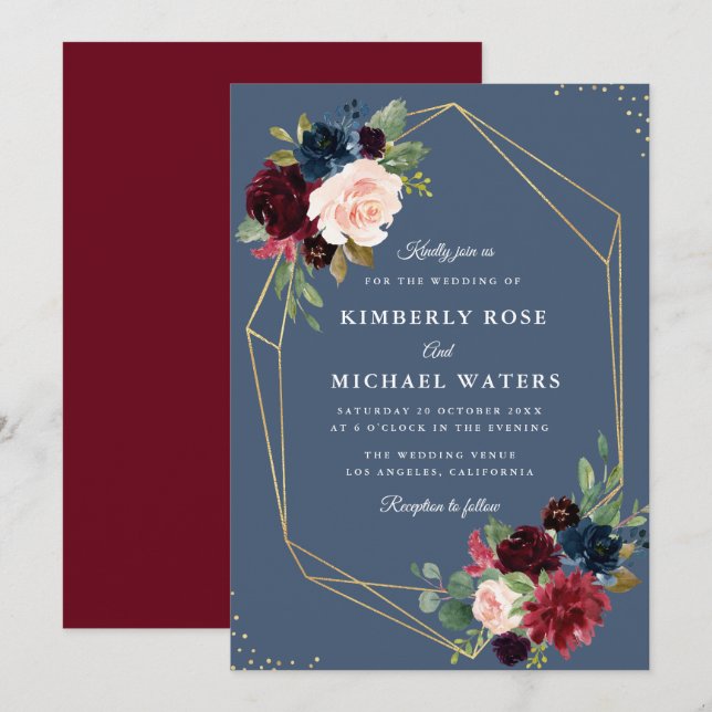 Invitación Boda geométrico de oro azul turbio y burdeos (Anverso / Reverso)
