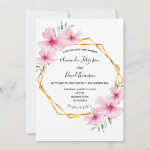 Invitación Boda geométrico de oro blanco de floros rosados