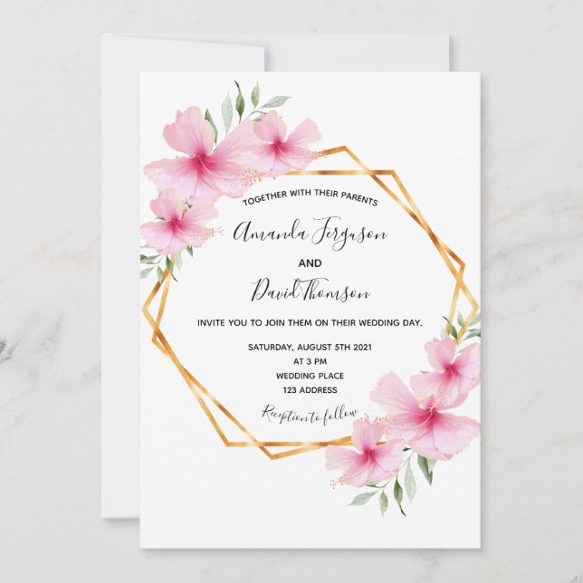 Invitación Boda geométrico de oro blanco de floros rosados (Anverso)