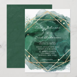 Invitación Boda geométrico de oro de color verde esmeralda