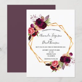 Invitación Boda geométrico de oro de floraciones burdeos de C