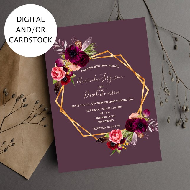 Invitación Boda geométrico de oro de floraciones burdeos de C (Subido por el creador)