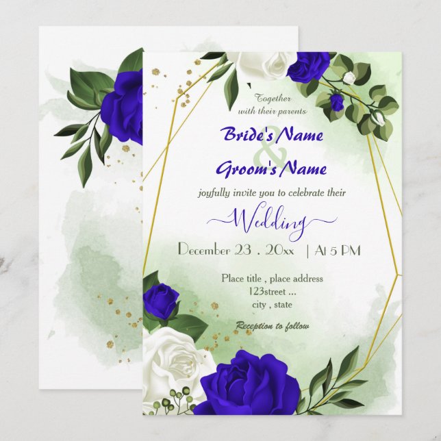 Invitación boda geométrico de oro de flores blancas azules re (Anverso / Reverso)