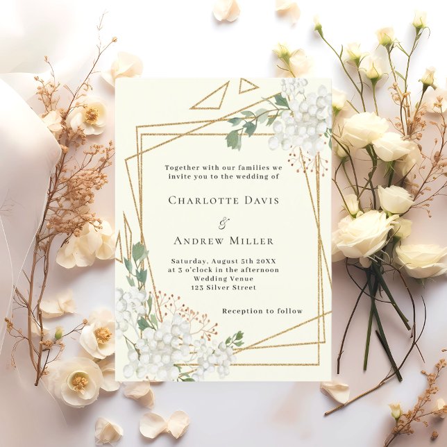 Invitación Boda geométrico de oro de flores blancas de marfil (Subido por el creador)