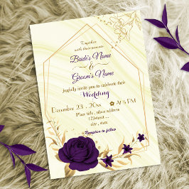 Invitación boda geométrico de oro de flores púrpura reales