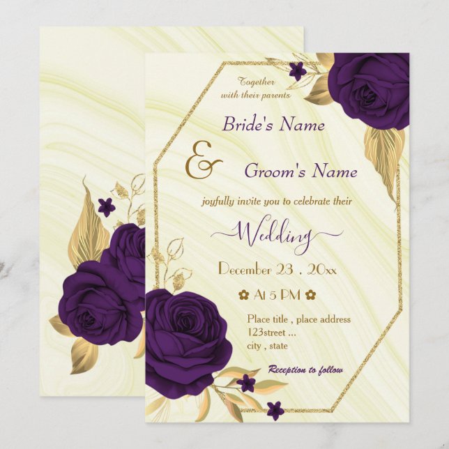 Invitación boda geométrico de oro de flores púrpura reales (Anverso / Reverso)