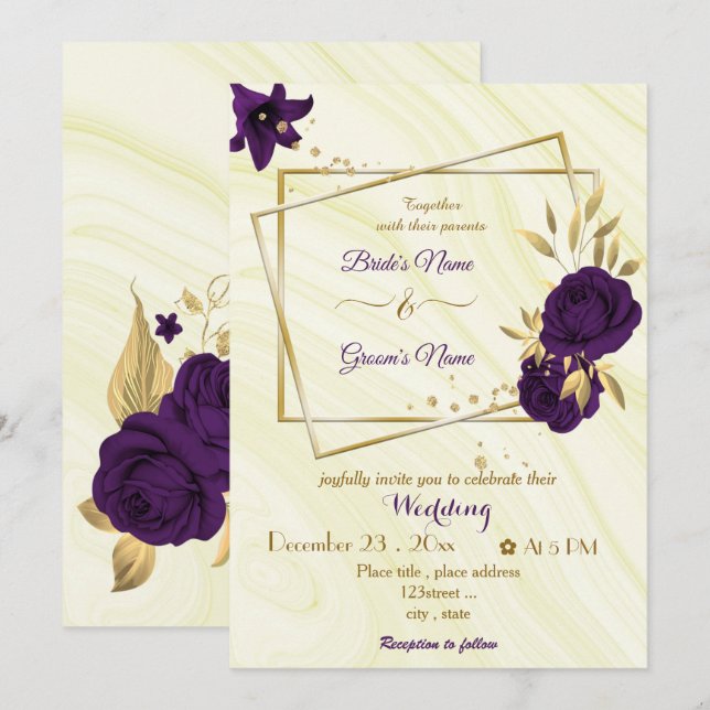 Invitación boda geométrico de oro de flores púrpura reales (Anverso / Reverso)
