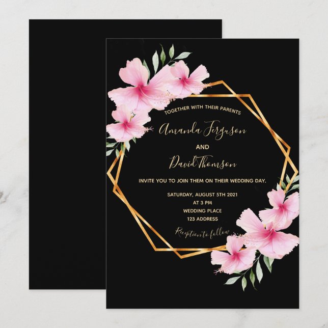 Invitación Boda geométrico de oro de flores rosadas negras (Anverso / Reverso)