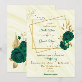 Invitación boda geométrico de oro de flores verdes esmeraldas