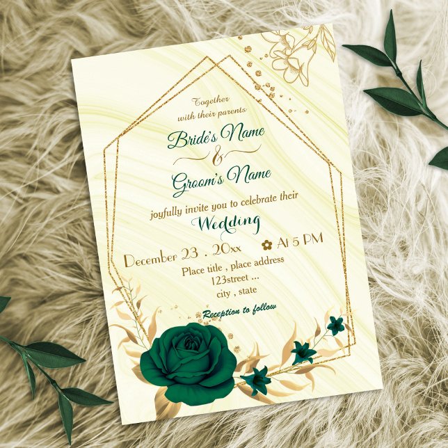 Invitación boda geométrico de oro de flores verdes esmeraldas (Subido por el creador)