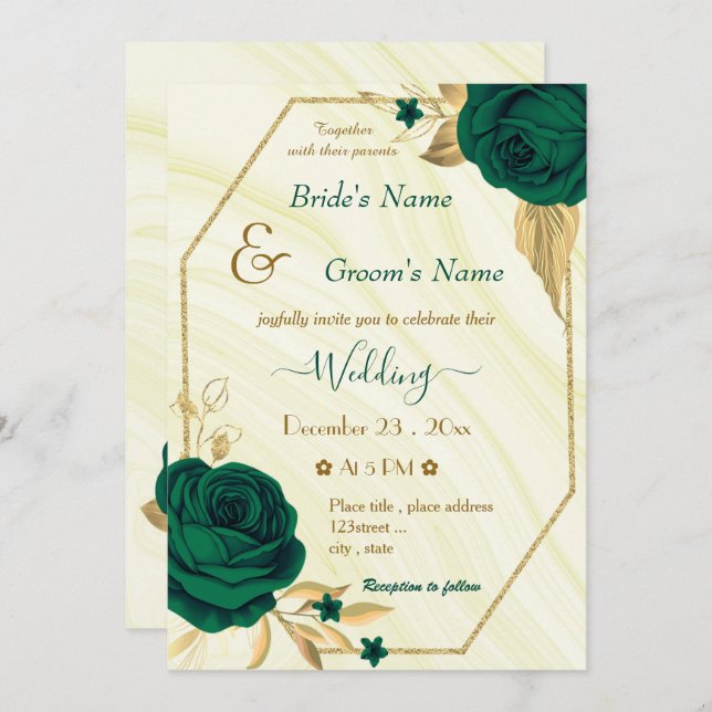 Invitación boda geométrico de oro de flores verdes esmeraldas (Anverso / Reverso)