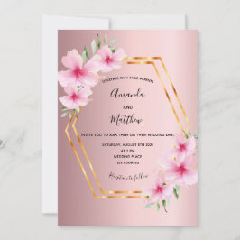 Invitación Boda geométrico de oro de floros rosados