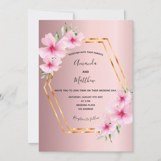 Invitación Boda geométrico de oro de floros rosados (Anverso)