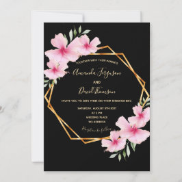 Invitación Boda geométrico de oro de floros rosados negros