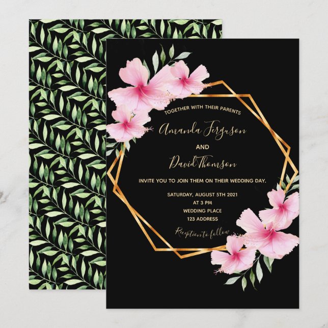 Invitación Boda geométrico de oro de floros rosados negros (Anverso / Reverso)