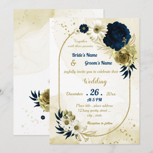 Invitación Boda geométrico de oro de marfil azul marino (Anverso / Reverso)