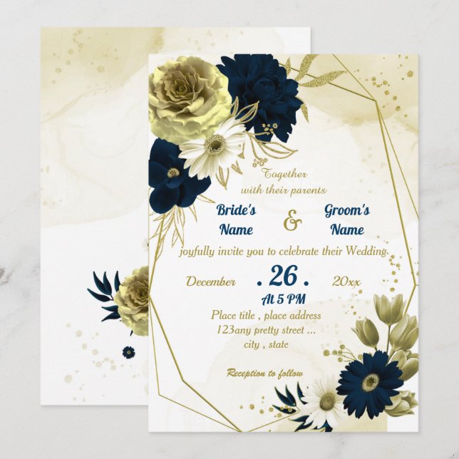 Invitación Boda geométrico de oro de marfil azul marino (Anverso / Reverso)
