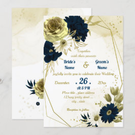 Invitación Boda geométrico de oro de marfil azul marino