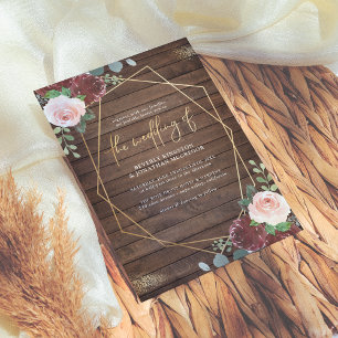 Invitación Boda Geométrico de Oro de Rosas de Borgoña de Made