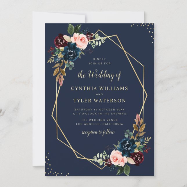 Invitación boda geométrico de oro floral azul marino y burdeo (Anverso)
