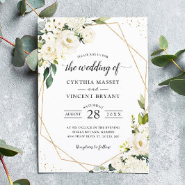 Invitación Boda Geométrico de Oro Floral Blanco de Verdor