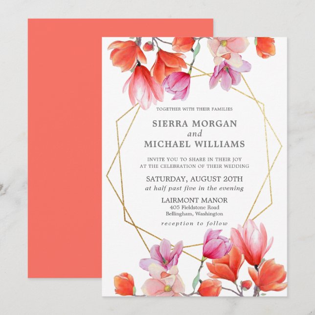 Invitación Boda geométrico de oro floral de coral moderno (Anverso / Reverso)