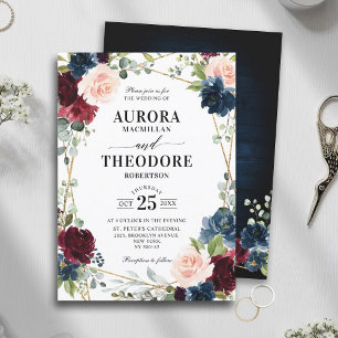 Invitación Boda geométrico de oro floral Rubor de la Marina d
