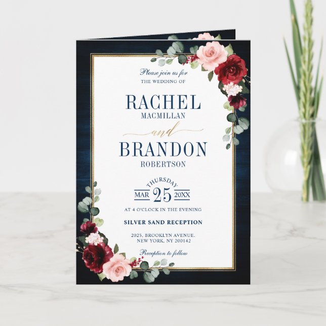 Invitación Boda geométrico de oro floral Rubor de la Marina d (Anverso)
