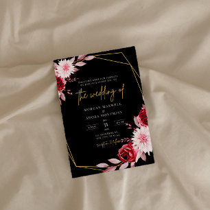 Invitación Boda Geométrico de Oro Negro y Borgoña