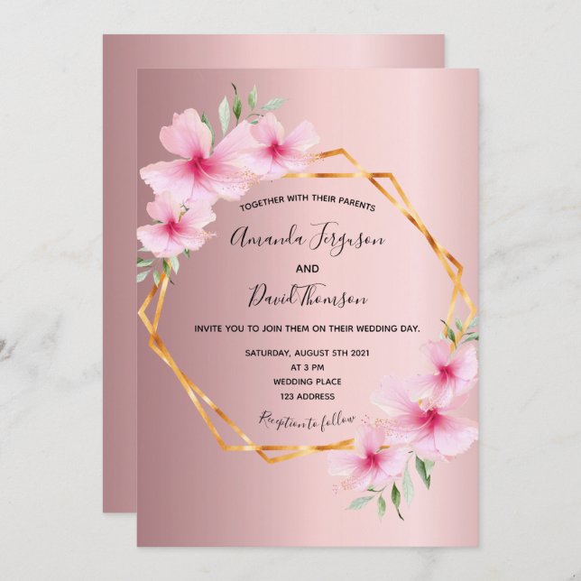 Invitación Boda geométrico de oro rosa rubor (Anverso / Reverso)