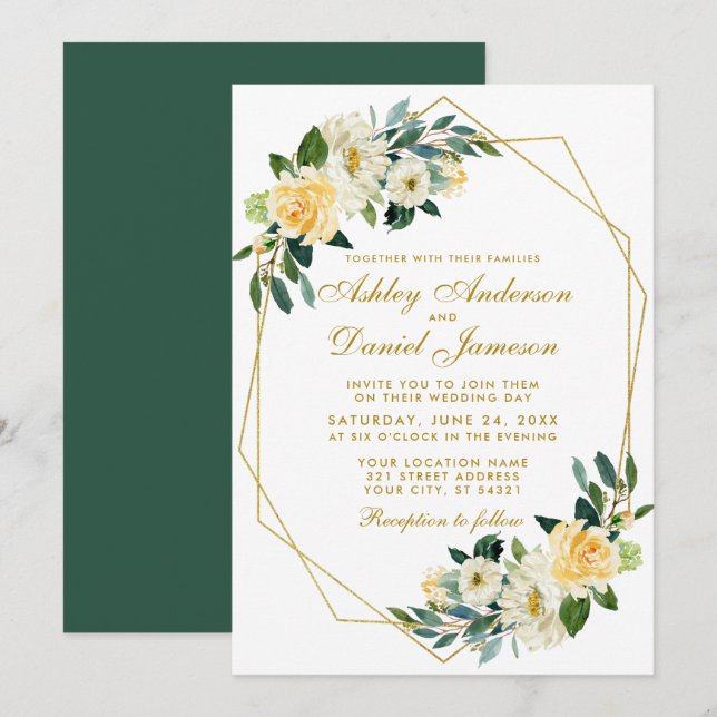 Invitación Boda geométrico de oro verde amarillo floral moder (Anverso / Reverso)