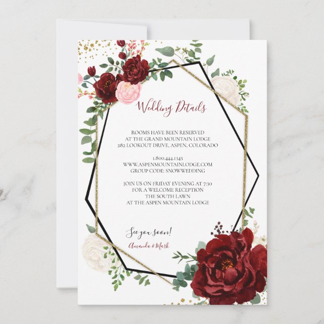 Invitación Boda geométrico de oro y oro moderno inserto (Anverso)