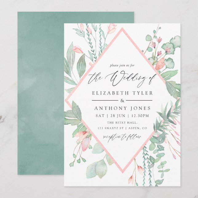 Invitación Boda geométrico de Pastel Rubor Greenery (Anverso / Reverso)
