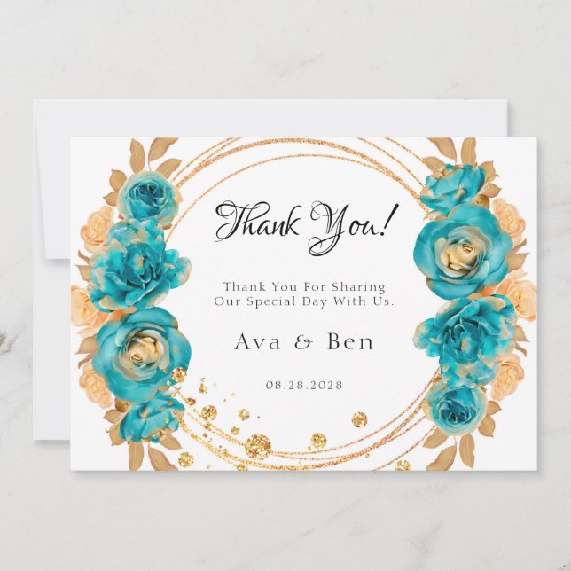 Invitación Boda Geométrico de Peony Gold verde azulado Gracia (Anverso)
