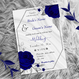 Invitación boda geométrico de plata de flores azules reales