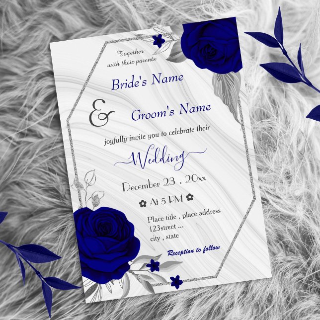 Invitación boda geométrico de plata de flores azules reales (Subido por el creador)