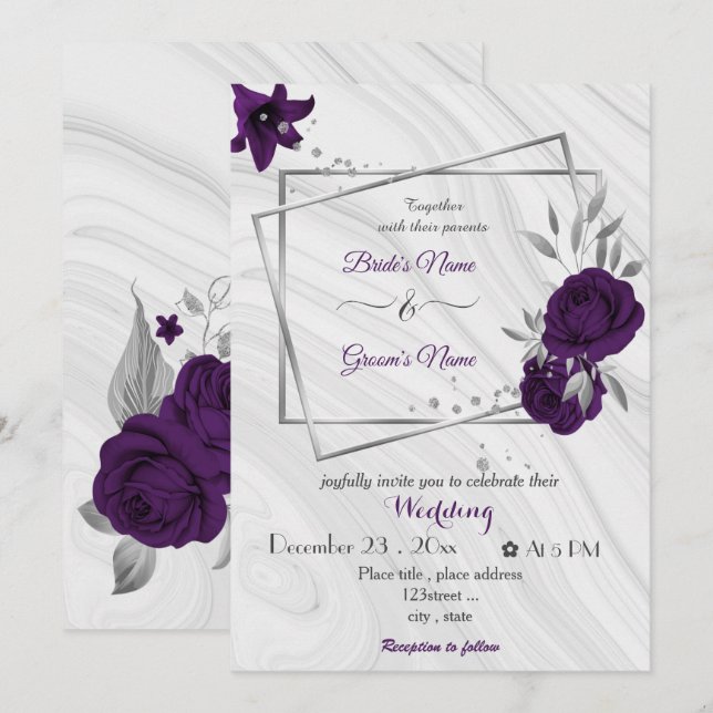 Invitación boda geométrico de plata de flores púrpura reales (Anverso / Reverso)